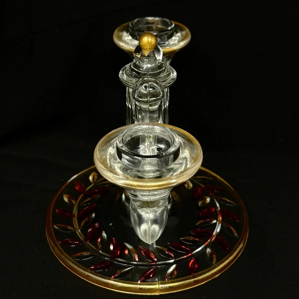 Indiana Glass Laurel‎ Double Arm Candle Holder Set 2 Gold Red Trim Accent 40s